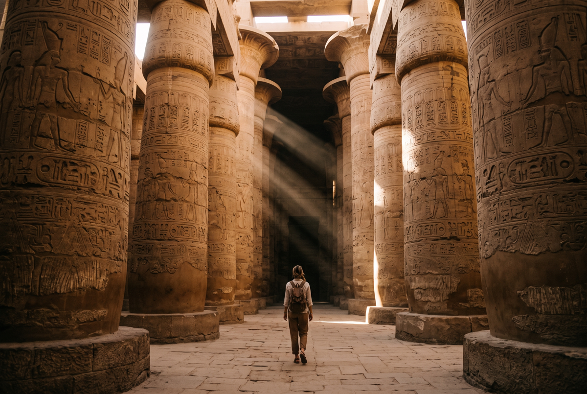 Säulensaal des Karnak-Tempels in Luxor mit Lichtstrahlen