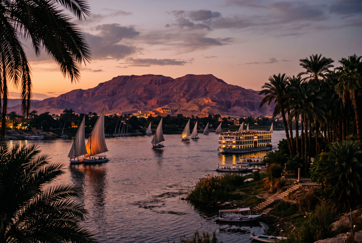 Der Nil bei Luxor in der Abenddämmerung mit Feluken und Nilschiff