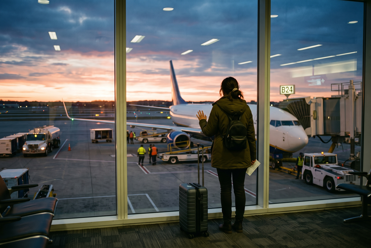 Reisender am Flughafenfenster bei Sonnenaufgang vor dem Abflug